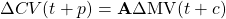 \begin{equation*} \Delta CV(t + p) = \textbf{\textrm{A}} \Delta \textrm{MV}(t + c) \end{equation*}