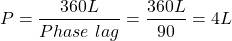 \begin{equation*}P = \frac{360L}{Phase\ lag}=\frac{360L}{90}=4L\end{equation*}