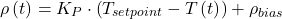 \begin{equation*} \rho\left(t\right)=K_P\cdot\left(T_{setpoint}-T\left(t\right)\right)+\rho_{bias} \end{equation*}