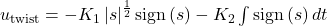 u_{\mathrm{twist}}=-K_1\left|s\right|^\frac{1}{2}\mathrm{sign}\left(s\right)-K_2\int\mathrm{sign}\left(s\right)\thinsp dt