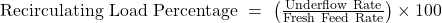 \mathrm{Recirculating\ Load\ Percentage}\ =\ \left(\frac{\mathrm{Underflow\ Rate}}{\mathrm{Fresh\ Feed\ Rate}}\right)\times100%